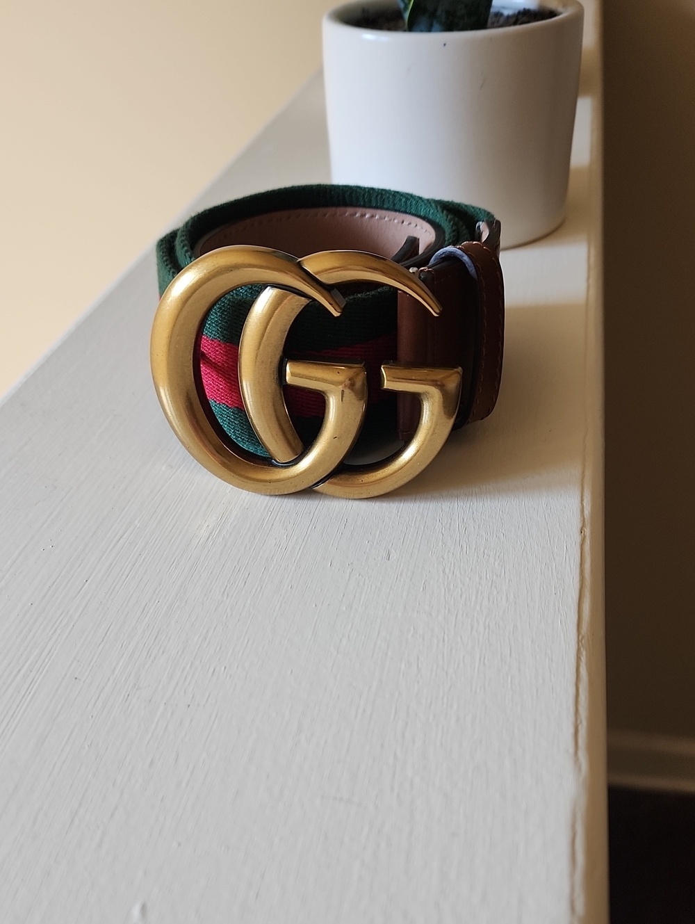 Gucci Green and Red Stripe Belt with Gold Double G Buckle